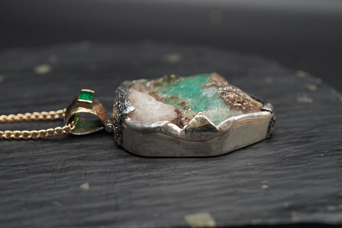 Rough Emerald with Faceted Emerald Pendant with 18ct Gold & Sterling Silver