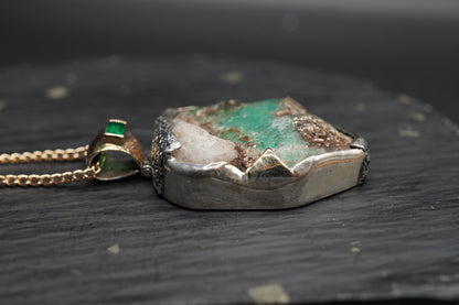 Rough Emerald with Faceted Emerald Pendant with 18ct Gold & Sterling Silver
