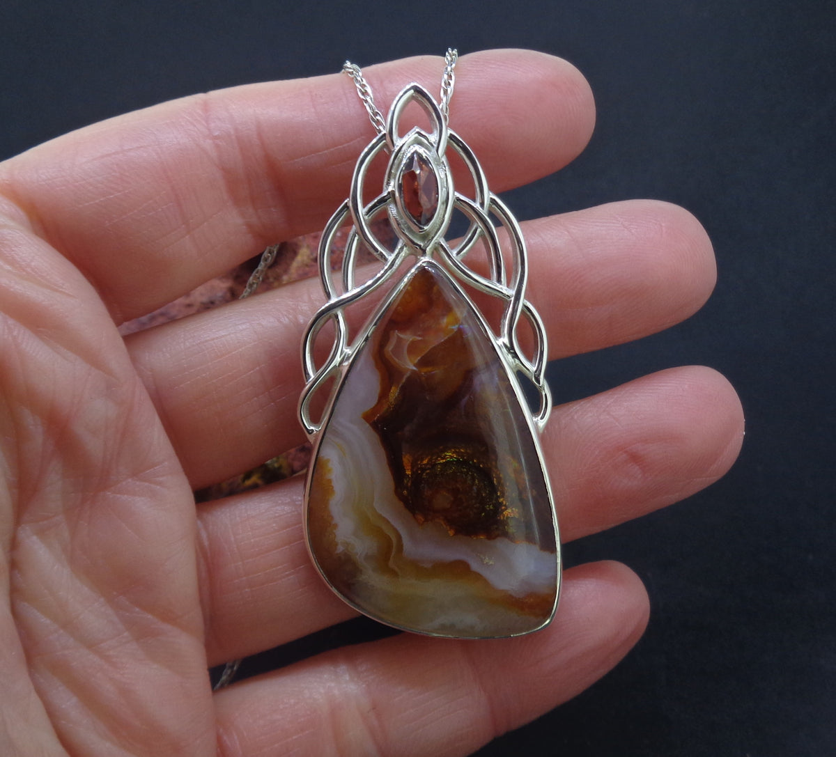 Arizona Fire Agate & Garnet Sterling Silver Celtic Pendant