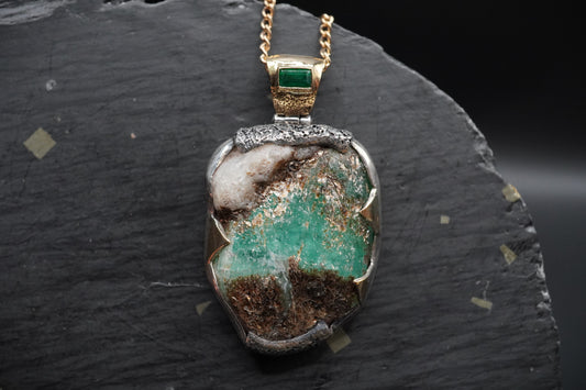 Rough Emerald with Faceted Emerald Pendant with 18ct Gold & Sterling Silver