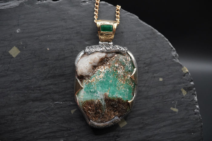 Rough Emerald with Faceted Emerald Pendant with 18ct Gold & Sterling Silver
