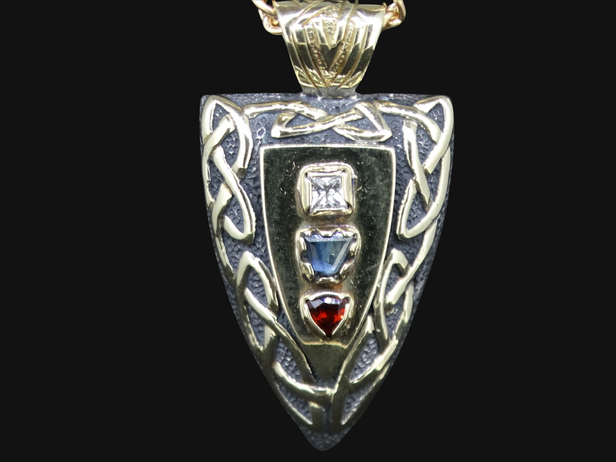 Fancy Trillion Scottish Sapphire, Elie Ruby and Diamond Pendant image 0