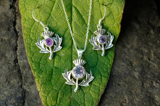 Amethyst Thistle Sterling Silver Pendant & Earrings Set