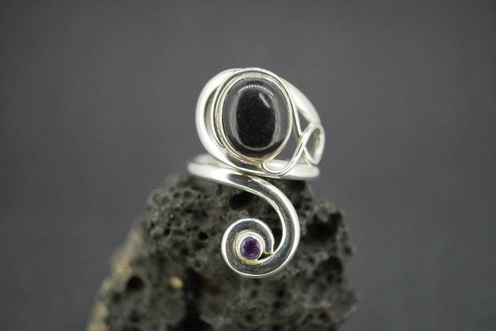 Edinburgh Castle Rock and Amethyst Sterling Silver Swirl Ring