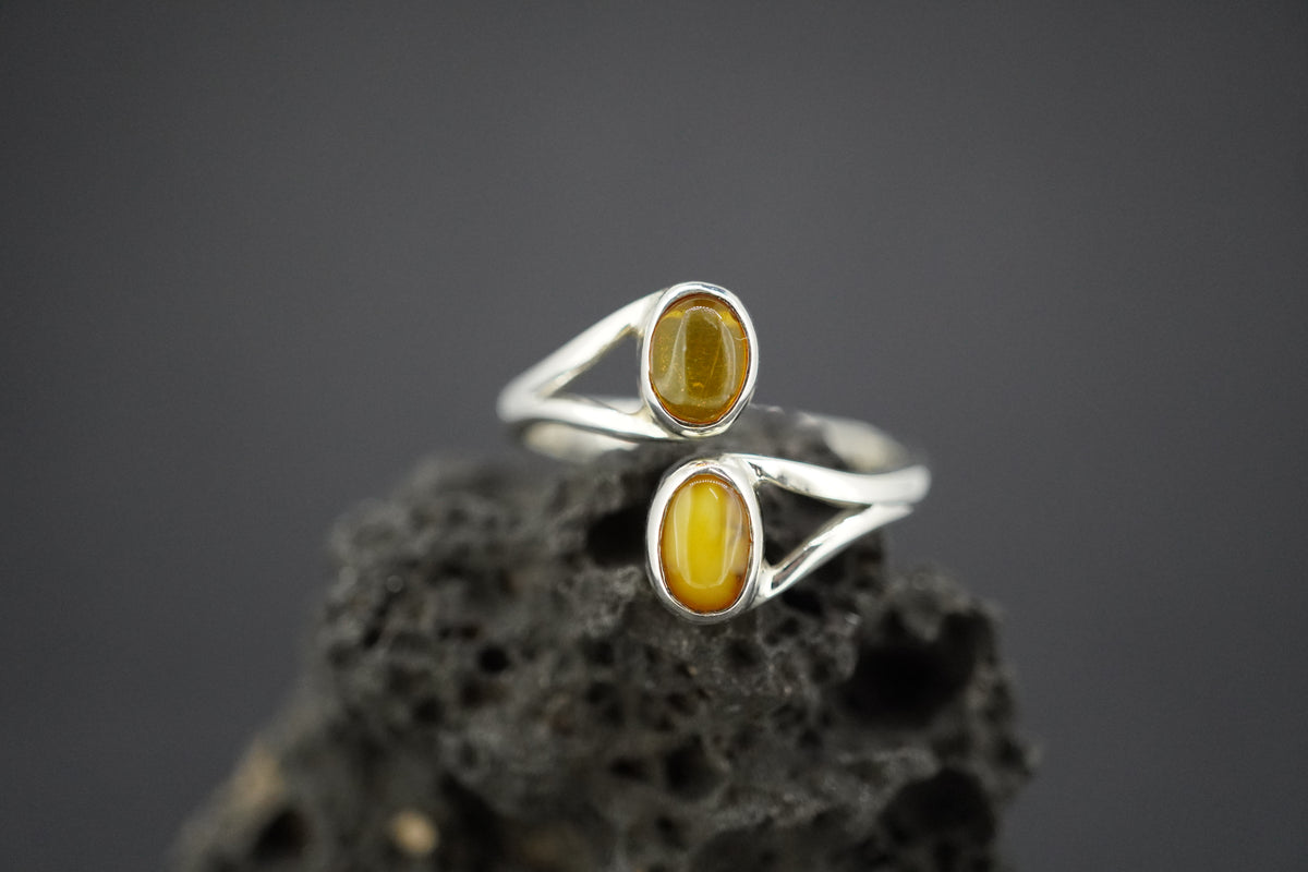 Amber Sterling Silver Two Stone Ring