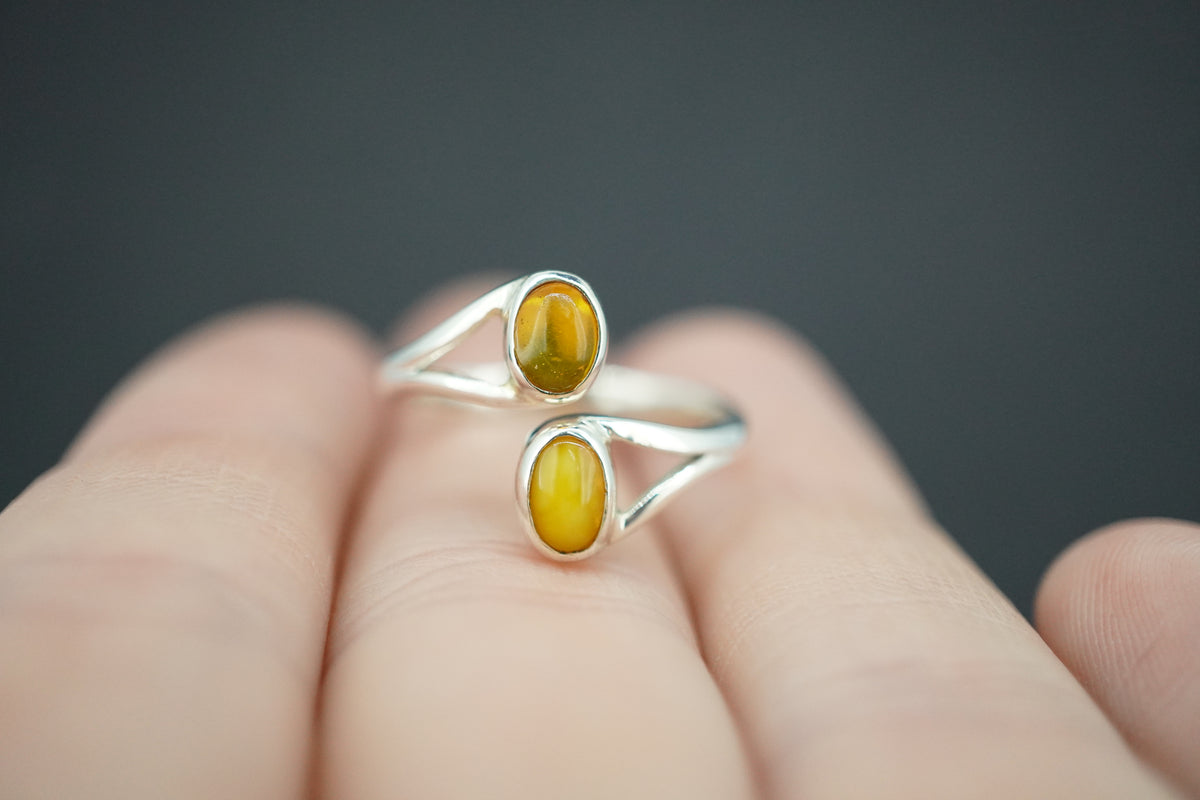 Amber Sterling Silver Two Stone Ring