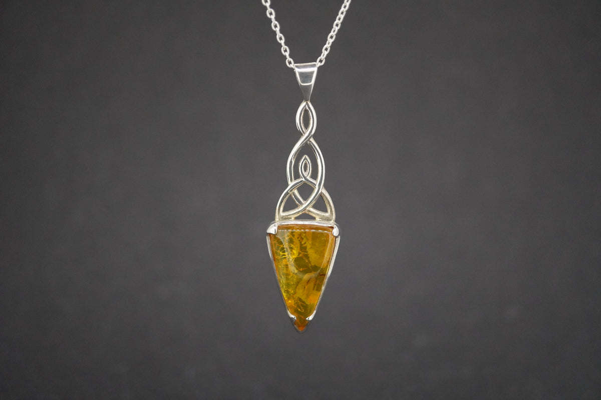 Amber Sterling Silver Celtic Drop Pendant