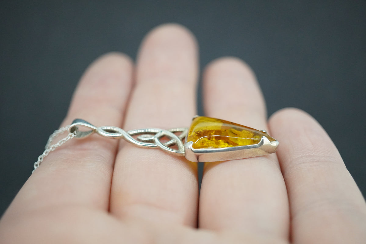 Amber Sterling Silver Celtic Drop Pendant