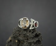 Cairngorm Quartz and Garnet Sterling Silver Hammered Ring
