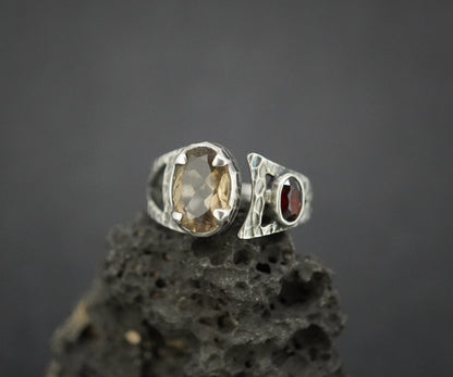 Cairngorm Quartz and Garnet Sterling Silver Hammered Ring