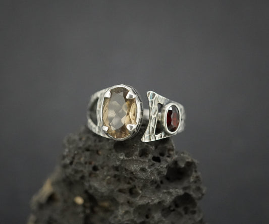 Cairngorm Quartz and Garnet Sterling Silver Hammered Ring