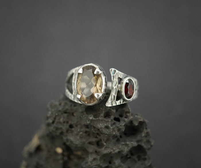 Cairngorm Quartz and Garnet Sterling Silver Hammered Ring