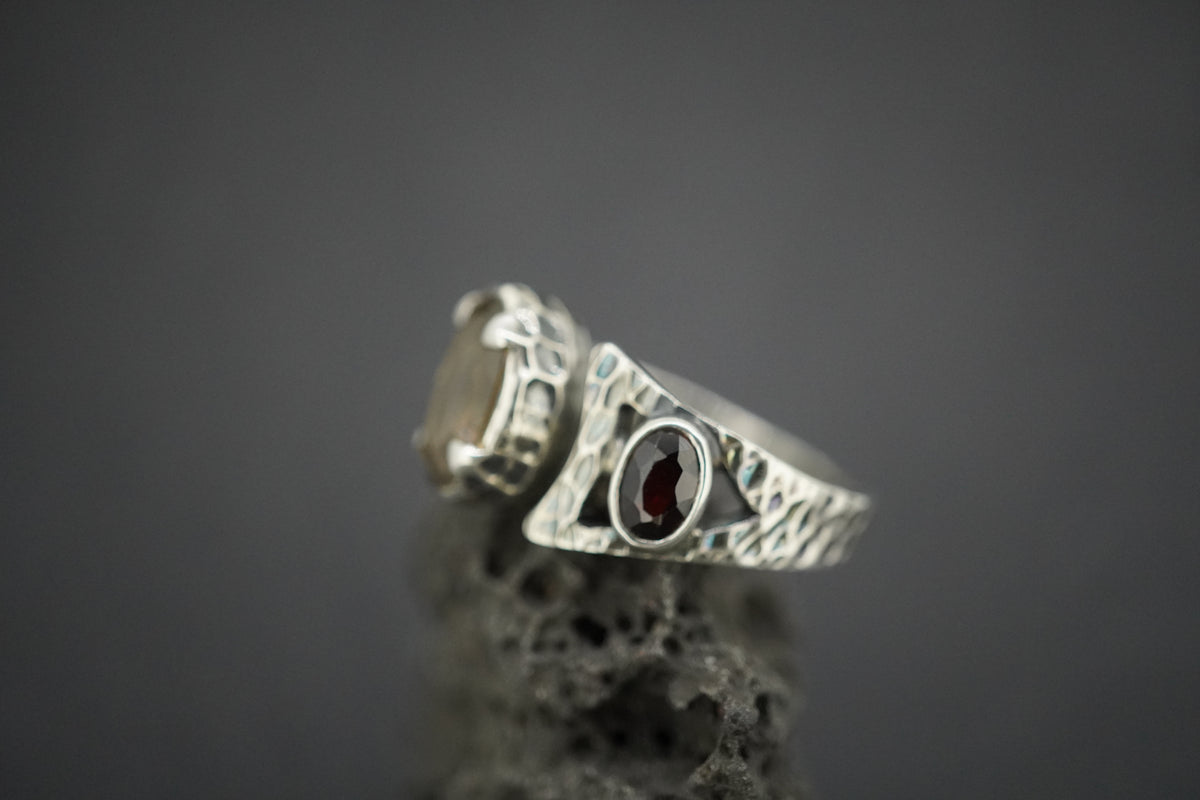 Cairngorm Quartz and Garnet Sterling Silver Hammered Ring