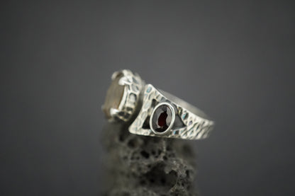 Cairngorm Quartz and Garnet Sterling Silver Hammered Ring