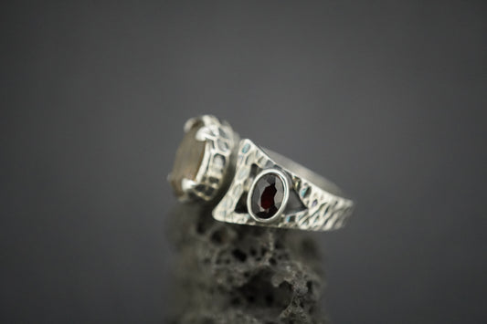 Cairngorm Quartz and Garnet Sterling Silver Hammered Ring