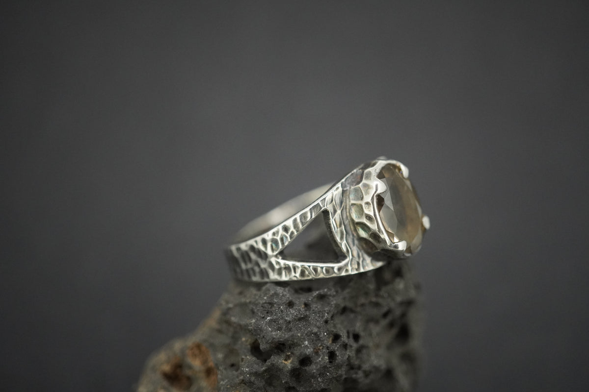 Cairngorm Quartz and Garnet Sterling Silver Hammered Ring