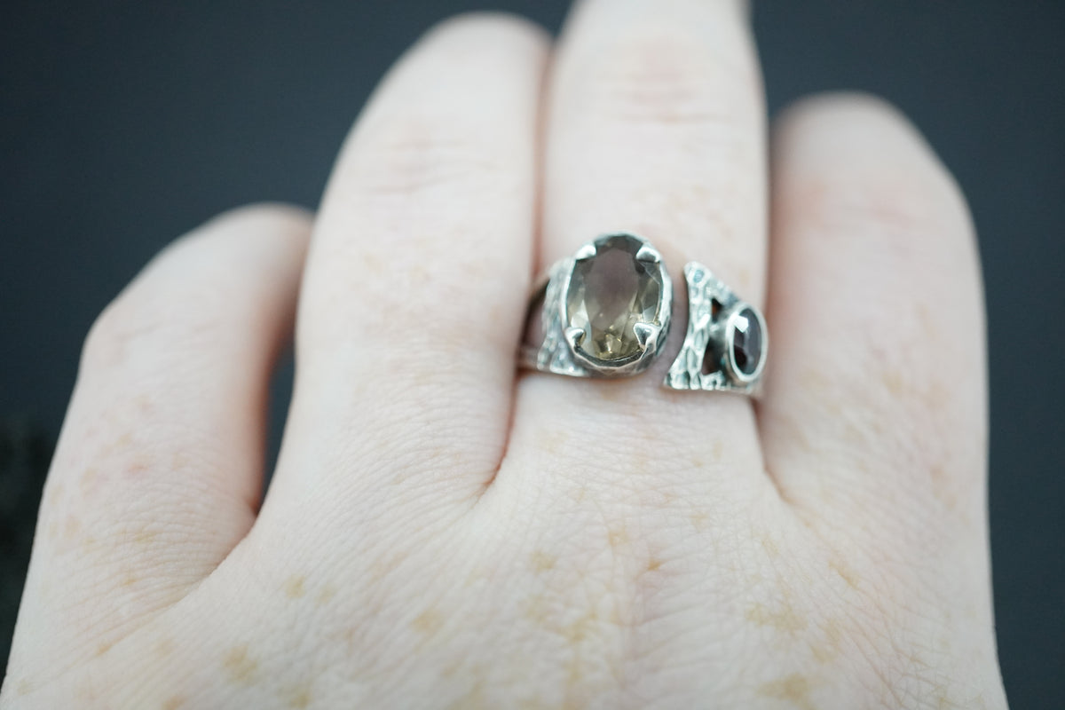 Cairngorm Quartz and Garnet Sterling Silver Hammered Ring