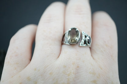 Cairngorm Quartz and Garnet Sterling Silver Hammered Ring