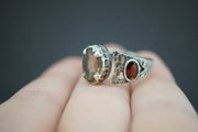 Cairngorm Quartz and Garnet Sterling Silver Hammered Ring