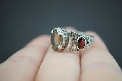 Cairngorm Quartz and Garnet Sterling Silver Hammered Ring