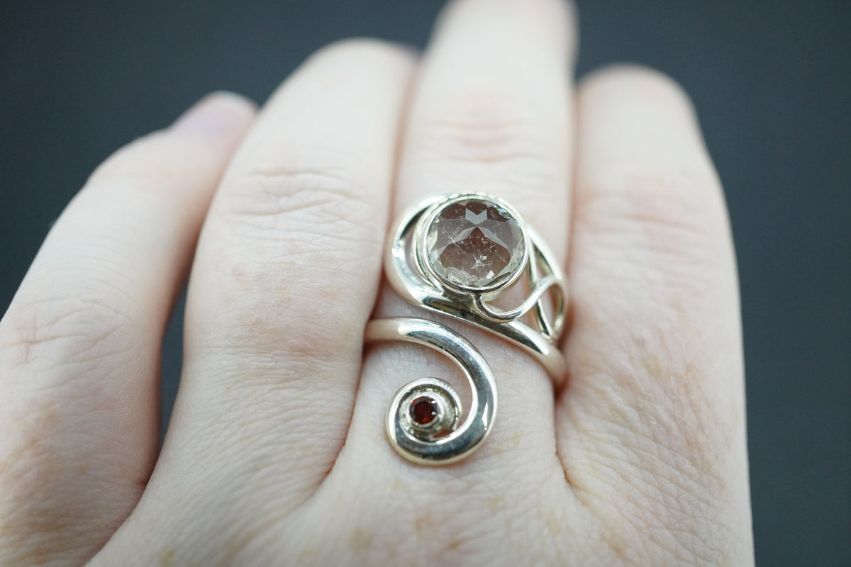 Cairngorm Quartz & Garnet Sterling Silver Swirl Ring