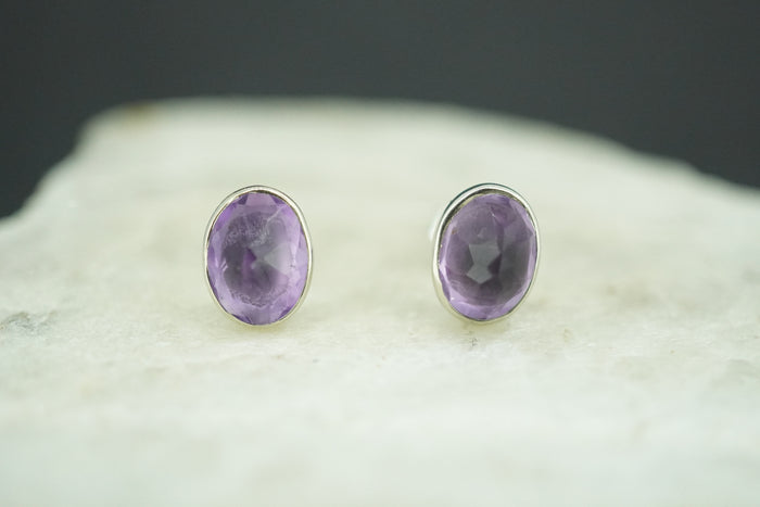 Amethyst Sterling Silver Oval Stud Earrings