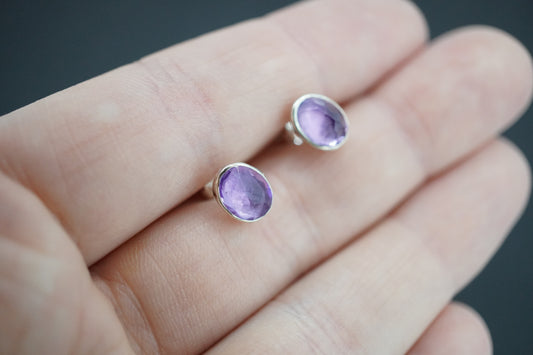 Amethyst Sterling Silver Oval Stud Earrings