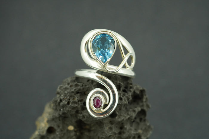 Blue Topaz and Star Ruby Sterling Silver Swirl Ring