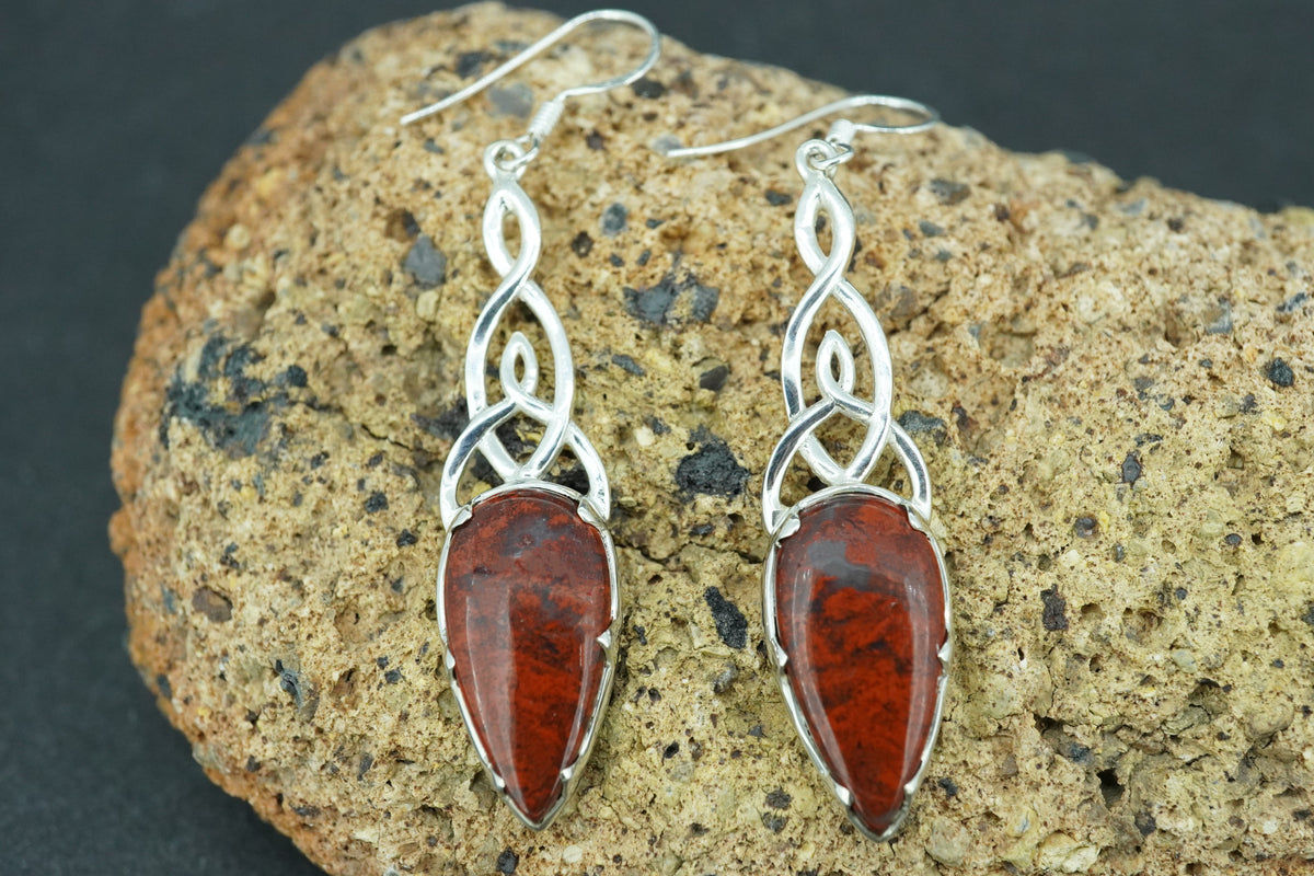Scottish Red Jasper Sterling Silver Long Drop Celtic Earrings