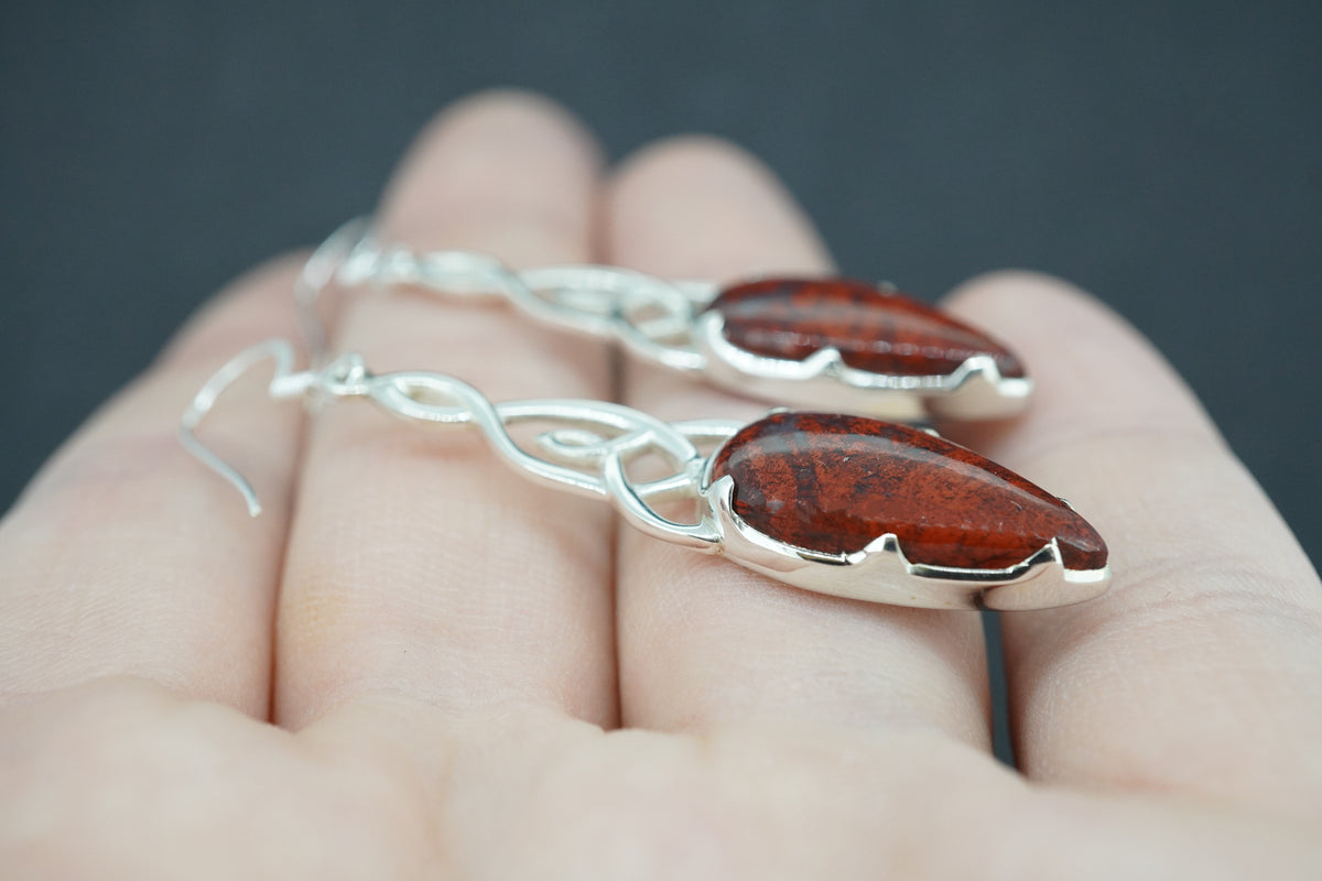 Scottish Red Jasper Sterling Silver Long Drop Celtic Earrings