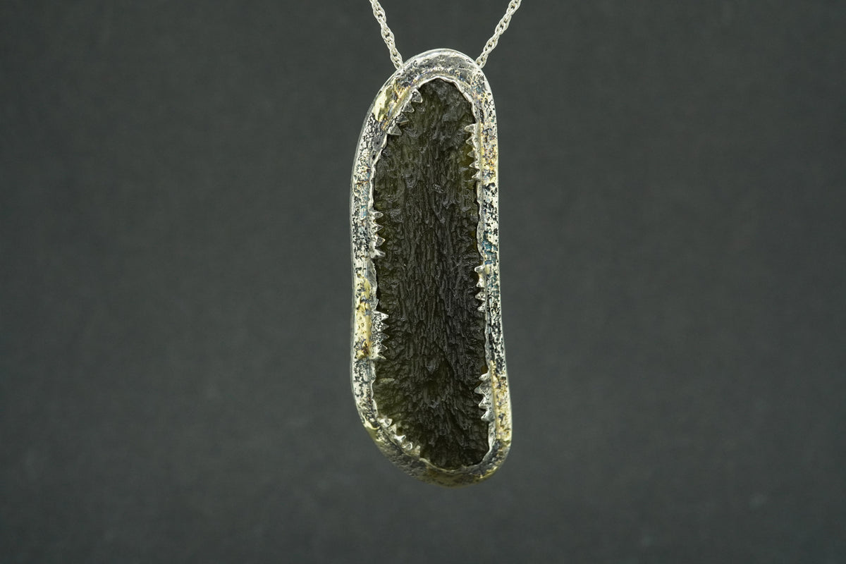 Czech Republic Moldavite & Diamond Pendant with Hand-Carved Dragon