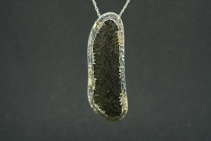 Czech Republic Moldavite & Diamond Pendant with Hand-Carved Dragon