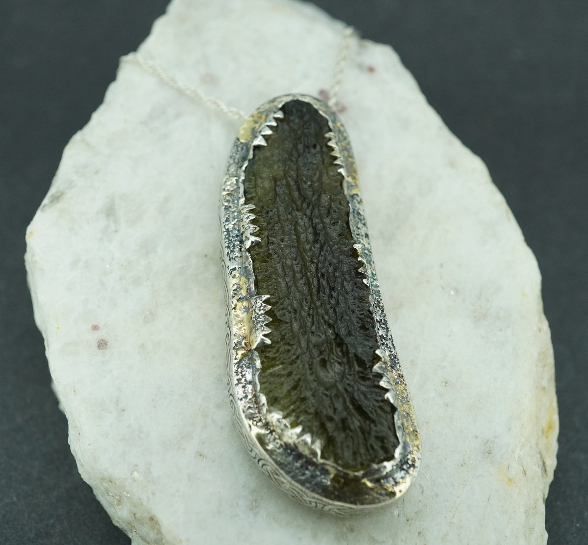 Czech Republic Moldavite & Diamond Pendant with Hand-Carved Dragon