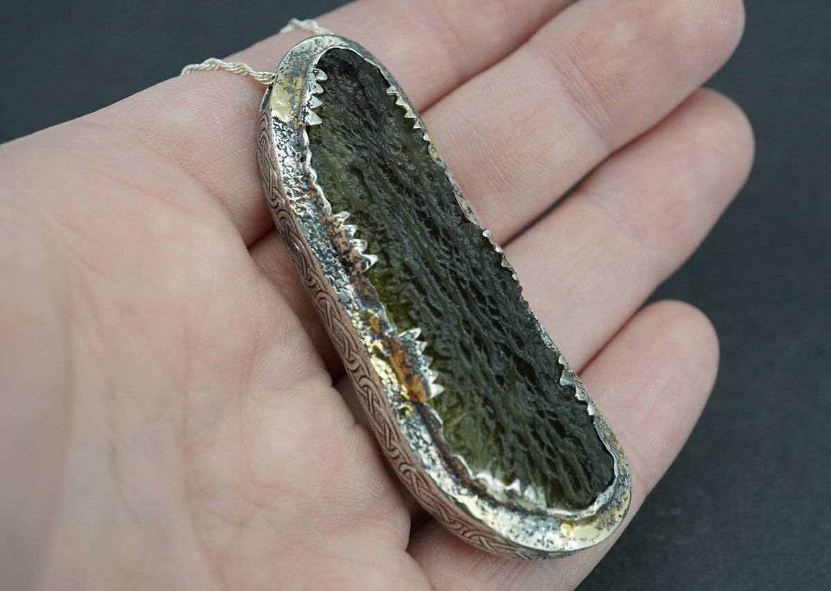 Czech Republic Moldavite & Diamond Pendant with Hand-Carved Dragon