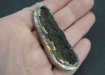 Czech Republic Moldavite & Diamond Pendant with Hand-Carved Dragon