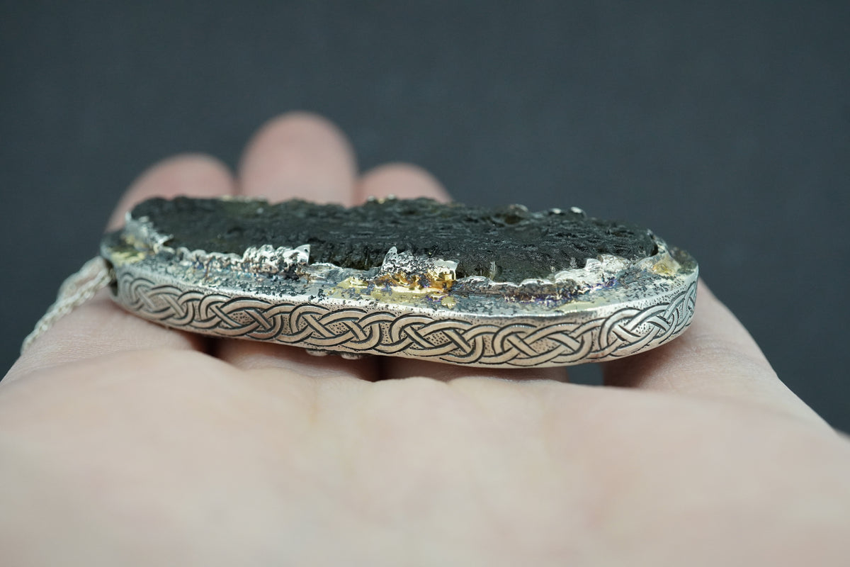 Czech Republic Moldavite & Diamond Pendant with Hand-Carved Dragon