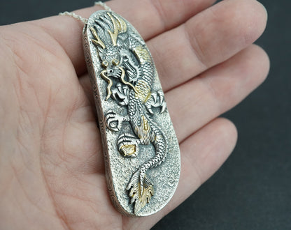 Czech Republic Moldavite & Diamond Pendant with Hand-Carved Dragon