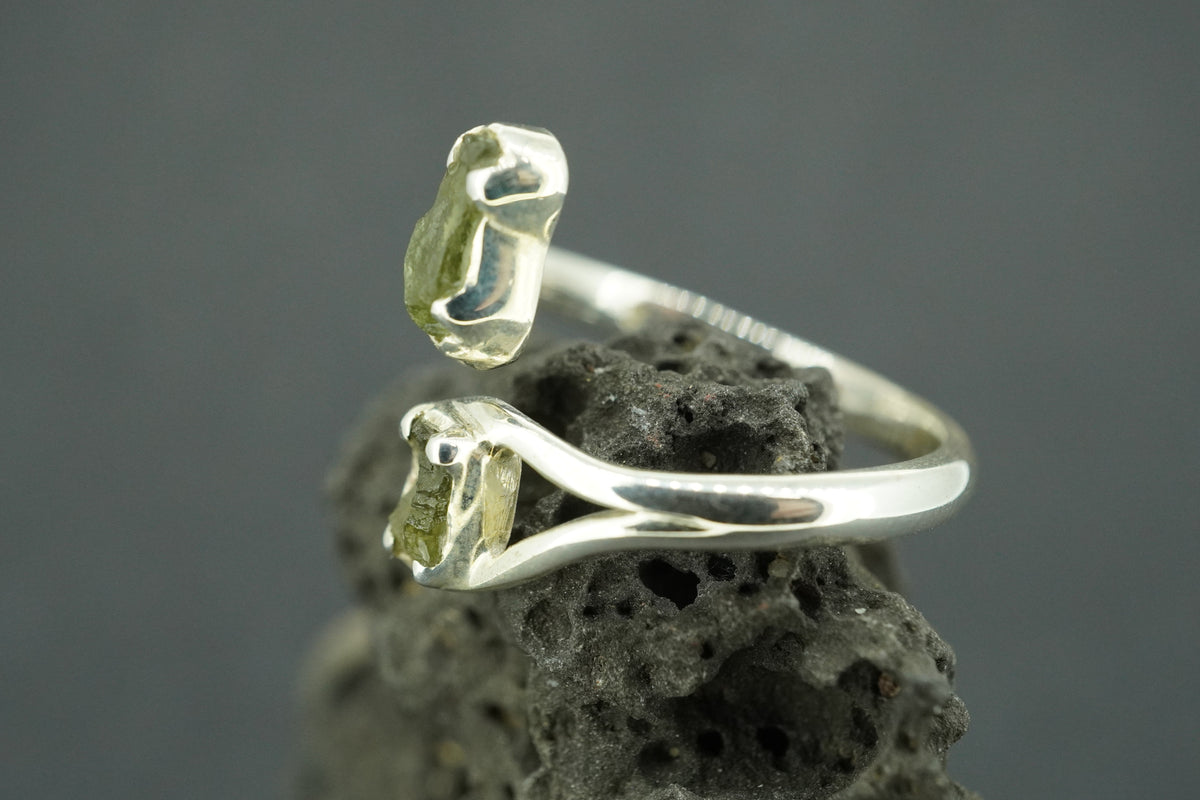 Moldavite Sterling Silver Two Stone Ring