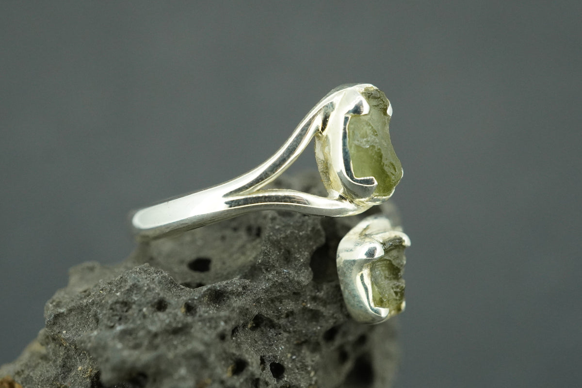 Moldavite Sterling Silver Two Stone Ring
