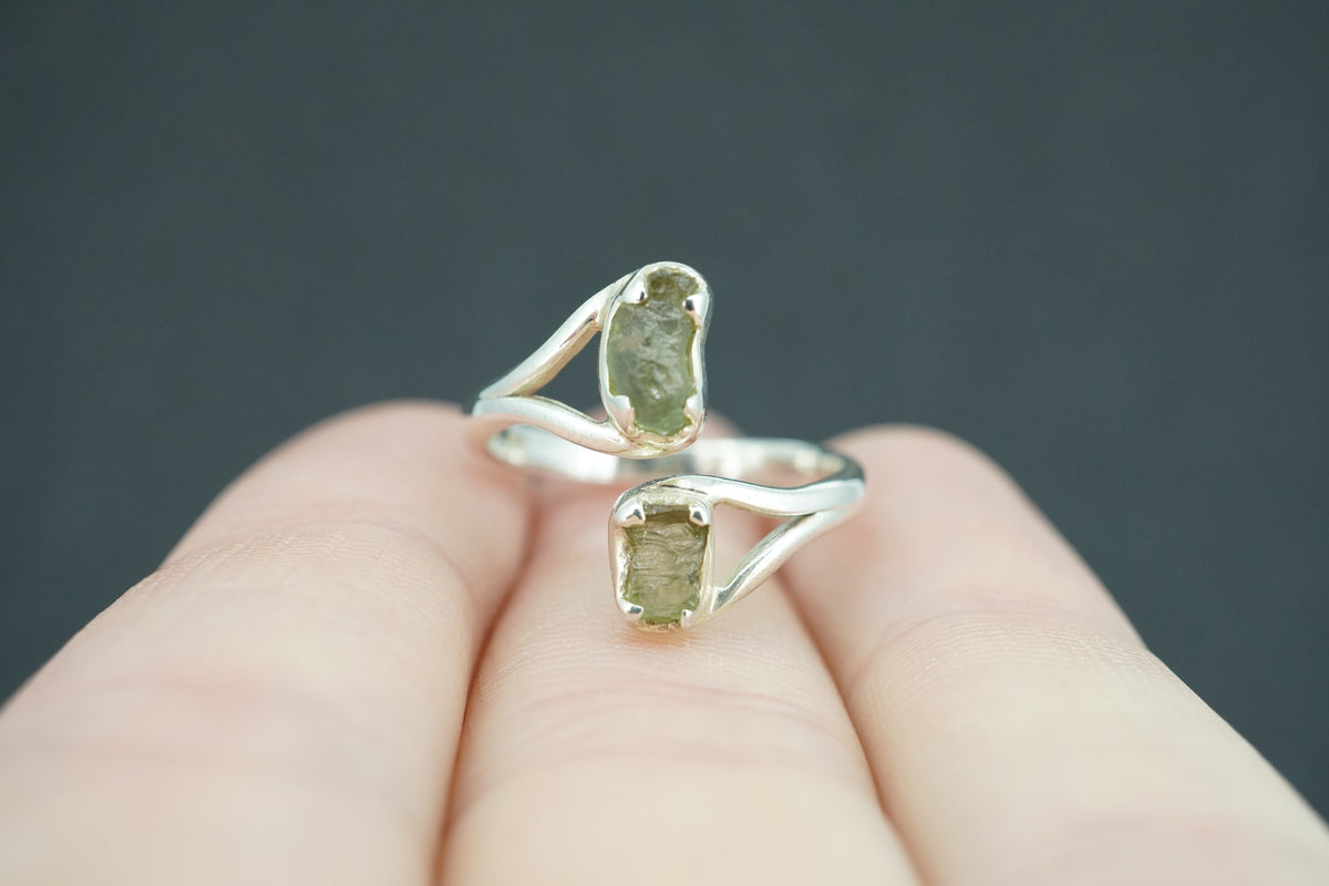 Moldavite Sterling Silver Two Stone Ring