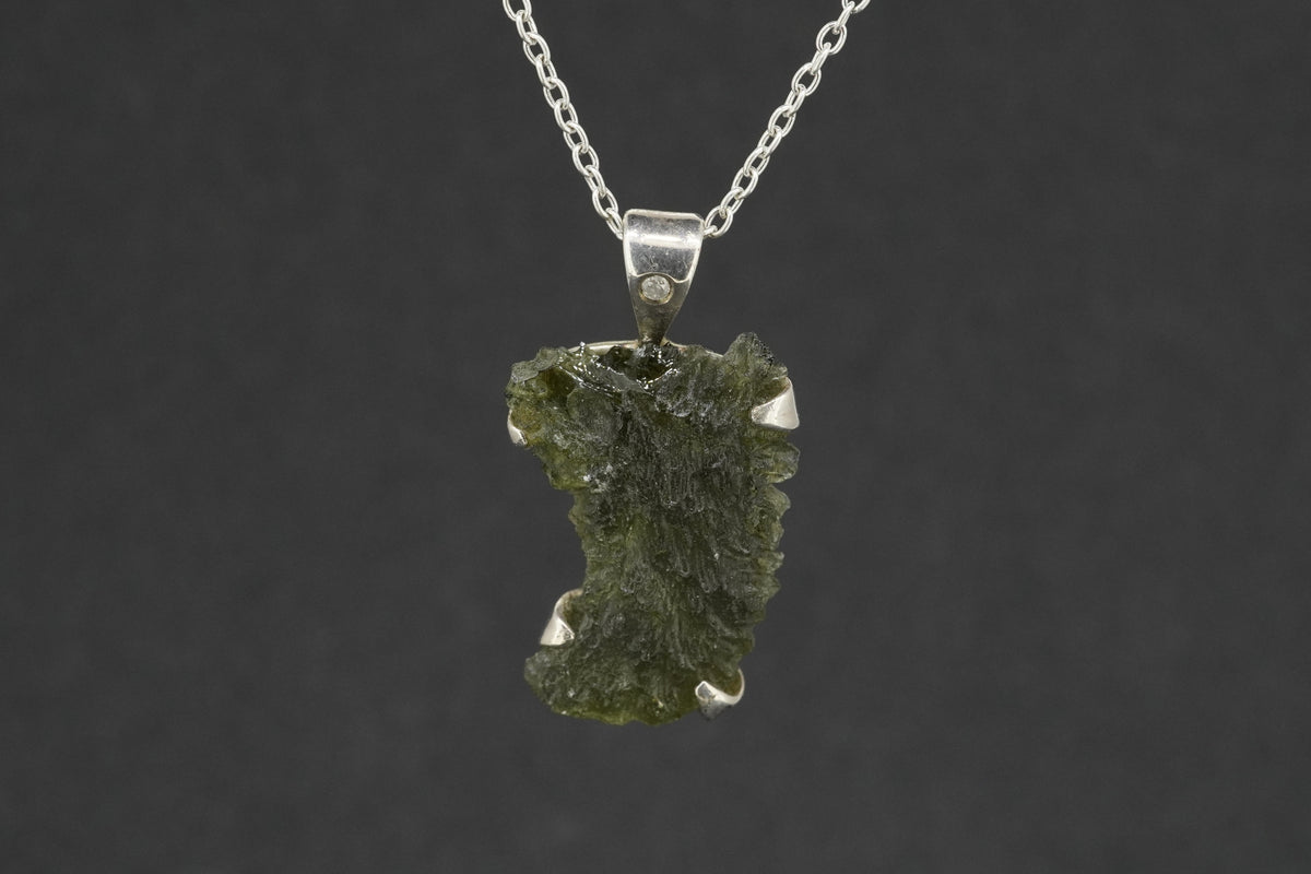 Moldavite & Diamond Sterling Silver Medium Pendant