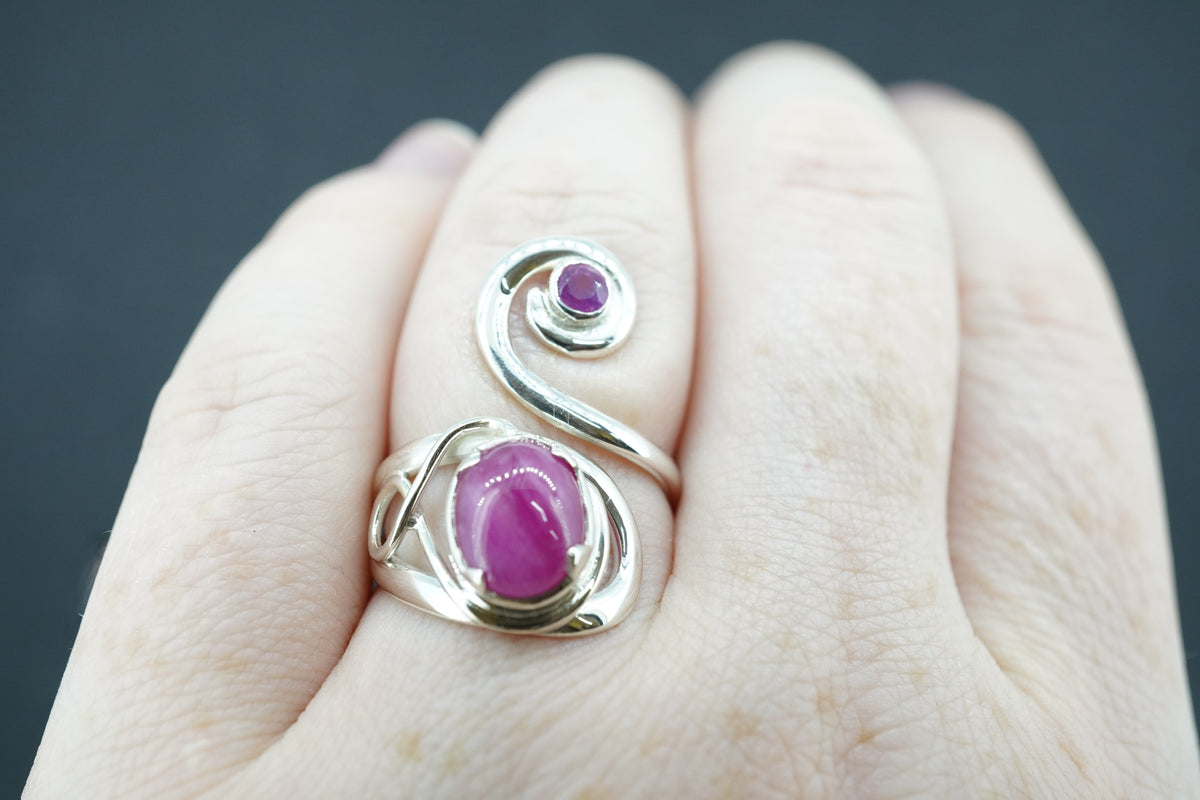 Vietnamese Ruby and Mozambique Pink Tourmaline Sterling Silver Swirl Ring