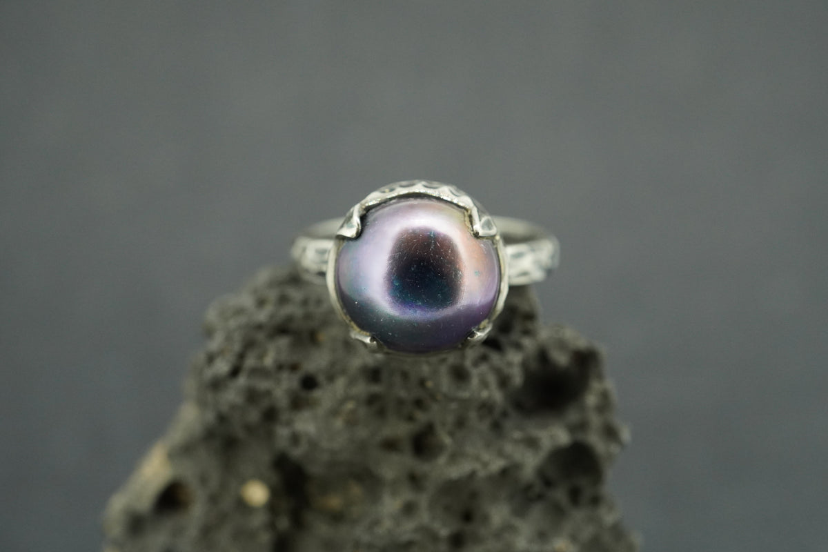 Pearl Oxidised Sterling Silver Solitaire Ring