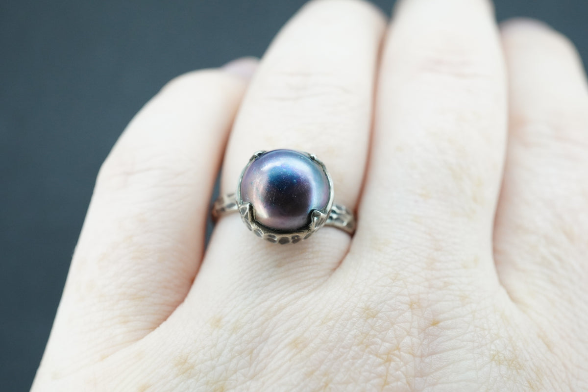 Pearl Oxidised Sterling Silver Solitaire Ring