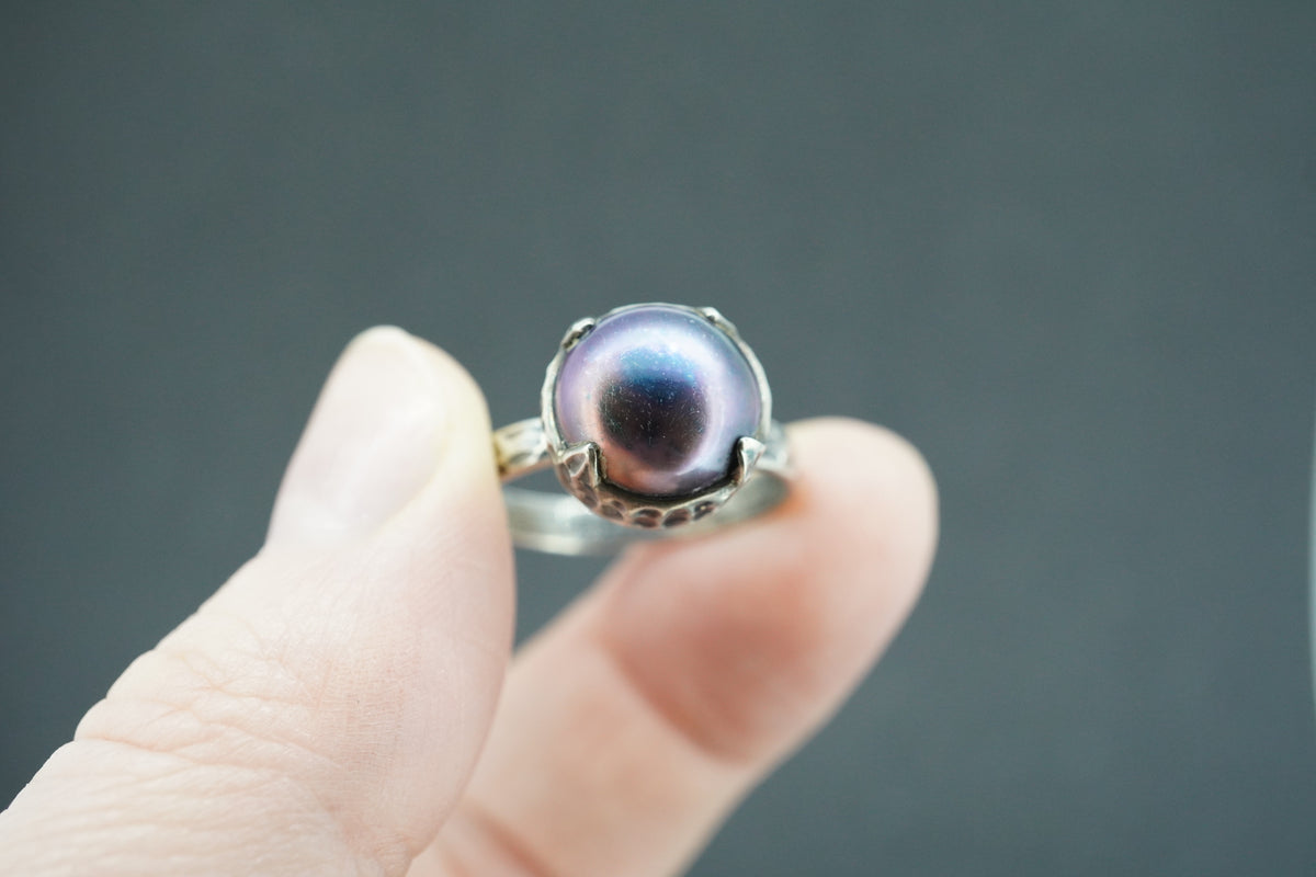 Pearl Oxidised Sterling Silver Solitaire Ring