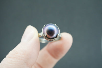 Pearl Oxidised Sterling Silver Solitaire Ring