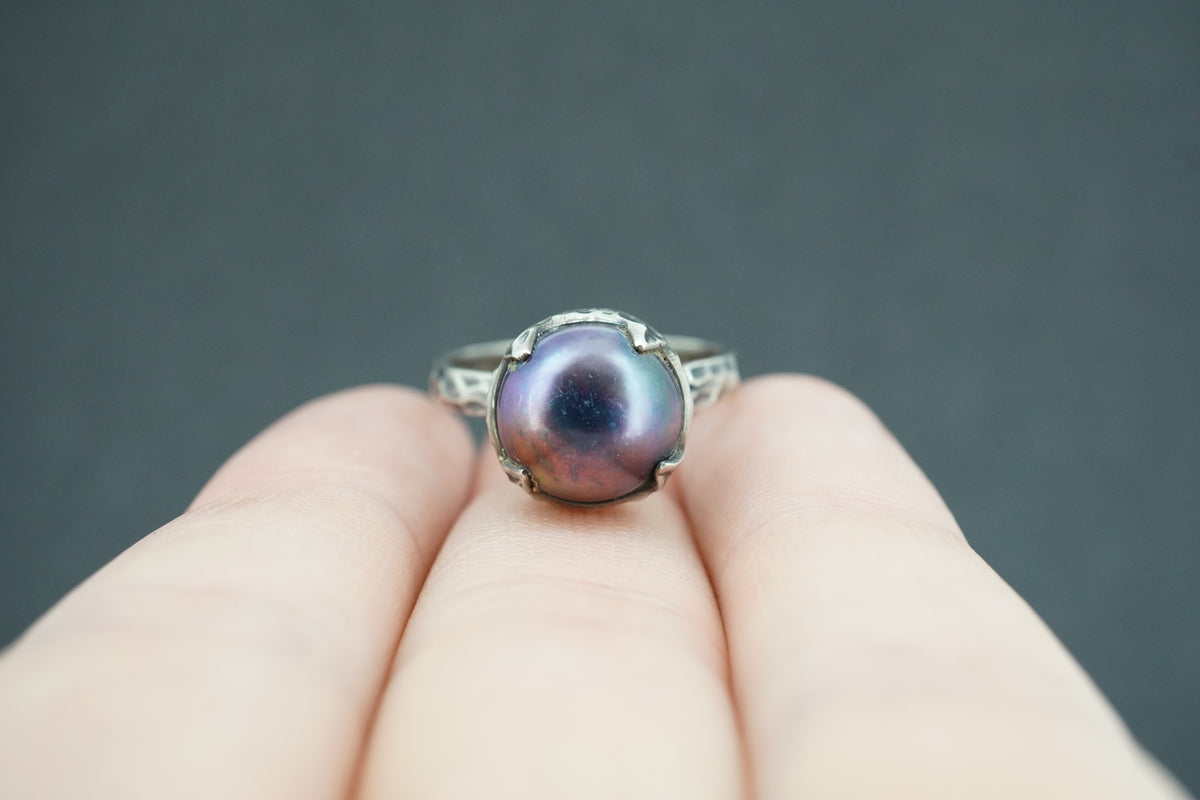 Pearl Oxidised Sterling Silver Solitaire Ring
