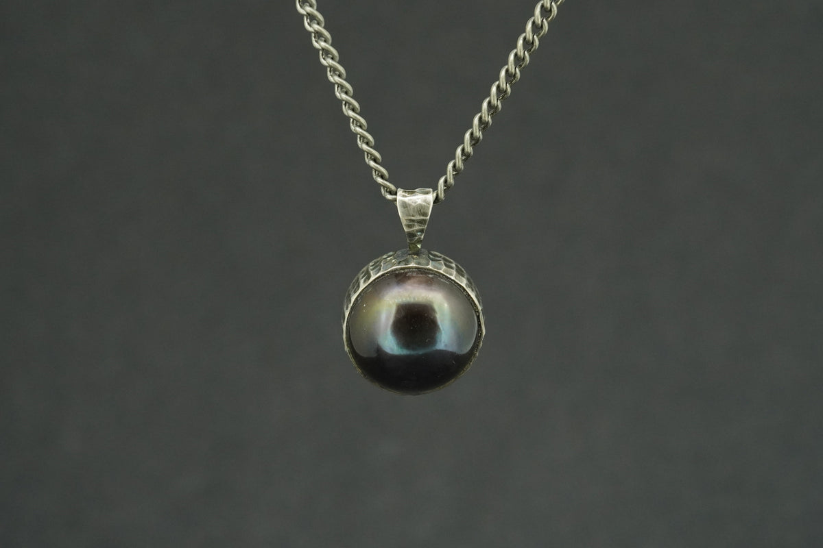 Pearl Sterling Silver Oxidised Round Pendant