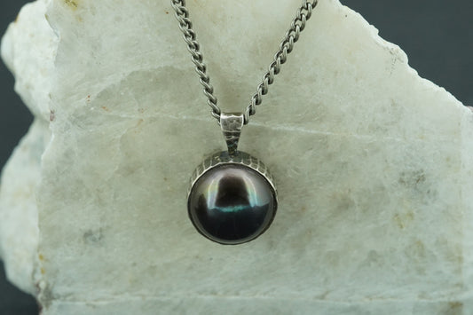Pearl Sterling Silver Oxidised Round Pendant