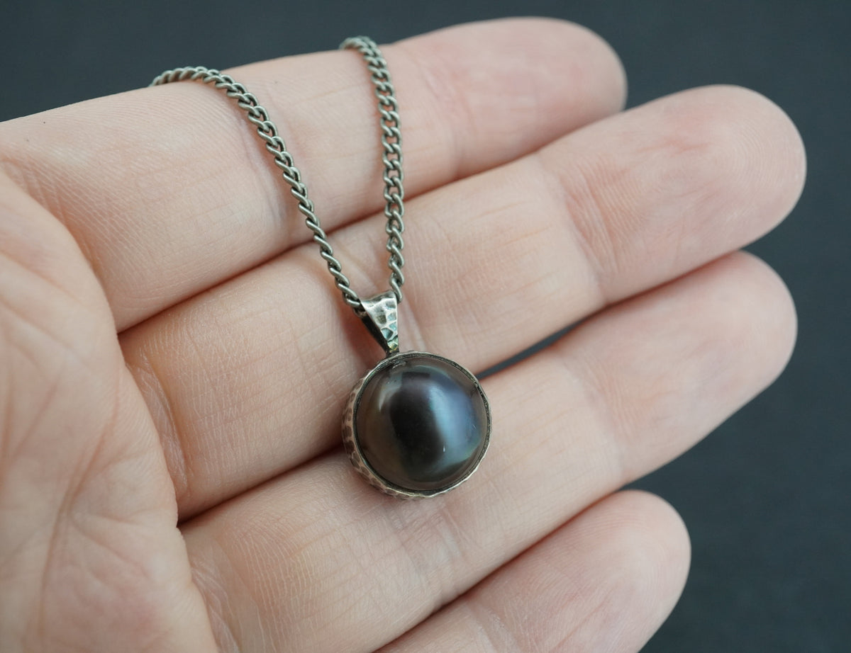 Pearl Sterling Silver Oxidised Round Pendant